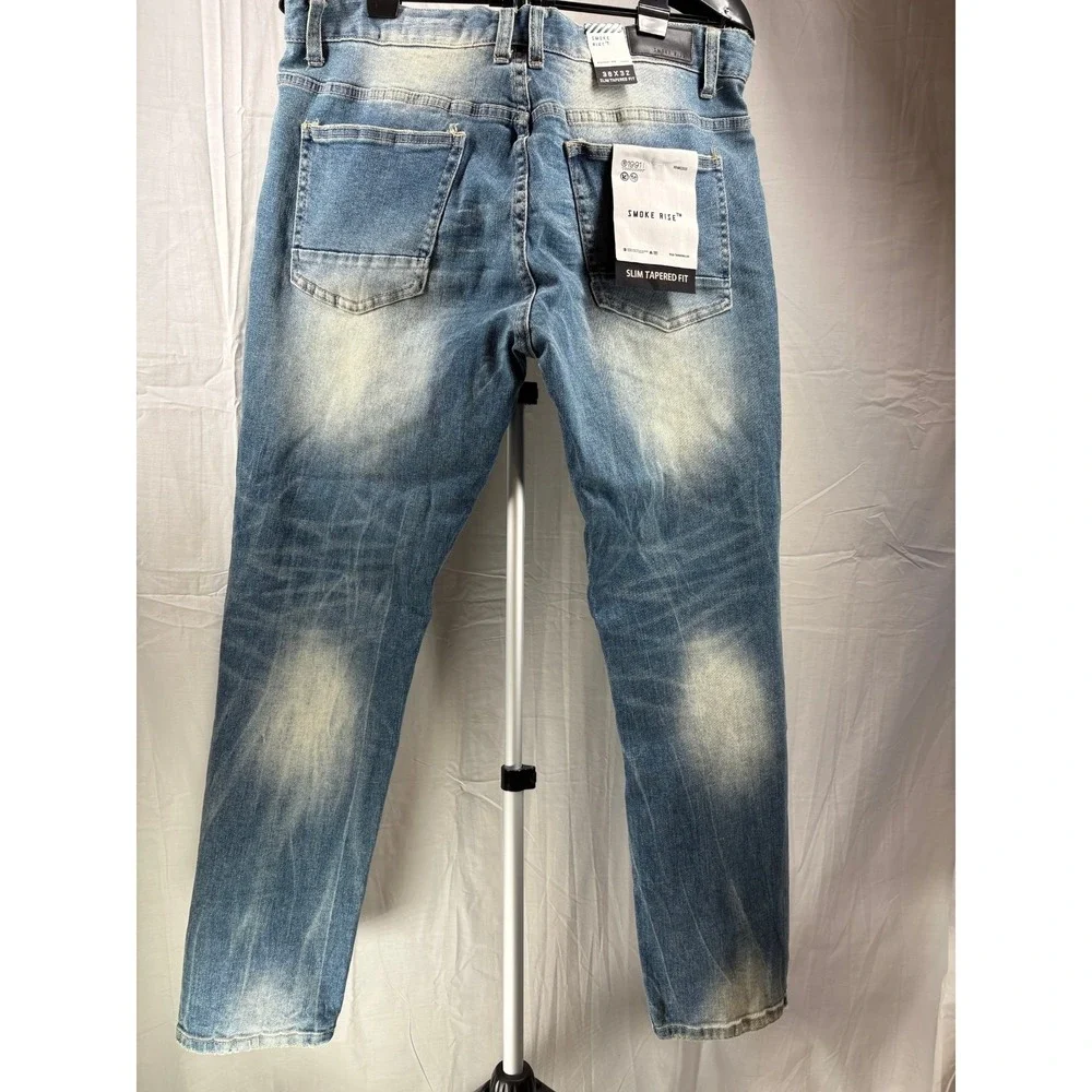 Smoke‎ Rise Slim Tapered Distressed Jeans 38x32 Blue Sandblasted Y2K Streetwear